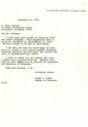 ["The document from Mike Dinneen to Representative James R. Jones discusses two main issues. Firstly, Dinneen suggests installing a speed-limiting device in vehicles to address speeding concerns. Secondly, he urges Jones to vote for a cost-of-living increase in the G.I. Bill due to inflation affecting veterans and their families. Dinneen shares his personal financial struggles and academic achievements to illustrate the impact of inflation on veterans. He hopes that his letter will be helpful to Jones in making a decision on these important issues."]