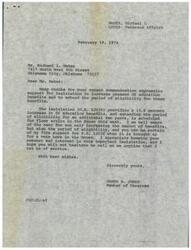["The document is from Michael L. Maher to James R. Jones, expressing support for legislation to increase GI education benefits and extend the period of eligibility. Jones responds, thanking Maher for his communication and stating his firm support for the legislation (H.R. 12628) providing a 13.6 percent increase in benefits and extending eligibility for an additional two years. Jones assures Maher that he will support the bill when it is brought up for a vote in the House and encourages Maher to reach out if he needs any assistance."]