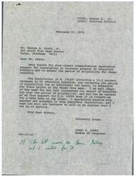 ["George A. Dietz, Jr. wrote to Congressman James R. Jones expressing support for legislation to increase GI education benefits and extend the period of eligibility for these benefits. Congressman Jones responded, thanking Dietz for his support and informing him that the legislation was scheduled for floor action in the House. Jones expressed his firm support for the bill and encouraged Dietz to reach out if he needed any assistance. Jones later informed Dietz that he had voted for the bill, which would provide a 13.6 percent increase in benefits and extend the eligibility period by two years."]
