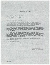 ["Mr. and Mrs. Manship wrote a letter to Congressman James R. Jones urging support for Senator Cranston's bill to extend G.I. Bill benefits. Congressman Jones acknowledged their letter and informed them that a similar bill had been passed by the House, increasing benefits and extending eligibility. He thanked them for sharing their views."]