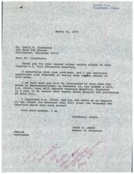 ["Mr. Blackburn wrote a letter to Congressman James R. Jones expressing his concerns about issues with his G.I. Bill education benefits. Congressman Jones responded by informing him about a bill that has been passed to improve veterans benefits and assured him of his continued support for measures that benefit veterans. Blackburn had encountered problems with the Veterans Administration incorrectly awarding him benefits and delaying his payments, causing financial hardship for his family. He requested assistance from Congressman Jones to address these issues for future veterans."]