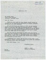["Mr. Bruce Crain wrote a letter to Congressman James R. Jones, urging support for legislation sponsored by Senator Cranston to improve G.I. Bill benefits. Congressman Jones responded, informing Crain that the bill is pending before the Senate Committee on Veterans Affairs and will be considered in hearings starting in the third week of the month. He also mentioned another bill, H.R. 12628, that has already passed in the House of Representatives. Congressman Jones expressed his support for providing benefits to veterans and enclosed a news report detailing the provisions of H.R. 12628."]