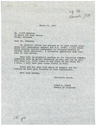 ["The document is a letter from Congressman James R. Jones to Mr. Cliff Edwards thanking him for his support of H.R. 12584, a bill providing tuition assistance to veterans. Jones assures Edwards that he will keep his views in mind when the bill comes to a vote. An inter-office correspondence notes that Edwards called to express support for the bill and is a strong supporter of Jones."]