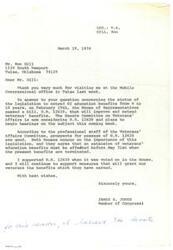["The document is from Congressman James R. Jones to Mr. Ron Gill, thanking him for visiting the Mobile Congressional office and updating him on the status of legislation to extend GI education benefits from 8 to 10 years. The House of Representatives passed a bill, H.R. 12628, and the Senate Committee on Veterans' Affairs is considering it. Prospects for passage are good, and both Houses agree on the importance of extending veterans' education benefits before the current benefits expire on May 31st. Congressman Jones supported the bill in the House and will continue to support measures benefiting veterans."]