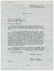 ["Mrs. Stubbings wrote a letter to Congressman James R. Jones expressing concern over the termination of educational benefits for veterans attending school on the GI educational assistance benefits bill. Congressman Jones responded, assuring her of his support and mentioning legislation pending in Congress to extend the eight-year limitation on educational benefits. Mrs. Stubbings requested the law be changed to allow veterans attending university on a continuous basis to receive benefits regardless of the number of years it takes."]