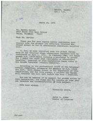 ["Ms. Bavido wrote to Congressman James R. Jones expressing concern over the termination of educational benefits for veterans on the GI bill. Congressman Jones reassured her that legislation to extend the limitation on educational benefits was being considered and he would support prompt action on the bill. Bavido thanked Jones for his support and urged him to vote in favor of the extension to further the education of those who have served the country."]