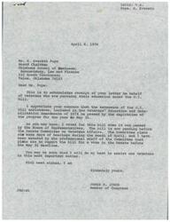 ["The document is a letter from H. Everett Pope, Board Chairman of the Oklahoma School of Business, to Congressman James R. Jones, requesting an extension of the G.I. Bill to assist veterans pursuing their education. Congressman Jones acknowledges the request and assures that the bill is pending before the Senate Committee on Veterans Affairs and plans are to report the bill for a vote before the May 31 deadline."]