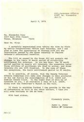 ["Congressman James R. Jones wrote a letter to Ms. Alexandra King discussing recent legislation passed to improve veterans' educational benefits. The bill did not change the basic 36-month period of eligibility for most veterans, except for children of servicemen who died in action and veterans who are 100% disabled, who have a 40-month entitlement. Congressman Jones mentioned that the Senate Veterans Affairs Committee may make changes to this provision. He enclosed a copy of the bill and offered further assistance. A note from another individual inquiring about a waiver to join the Reserves for Ms. King was also mentioned."]