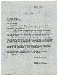["Chuck Adams wrote a letter to Congressman James R. Jones expressing concern about the termination of veterans' educational benefits on June 1, 1974. Jones acknowledges Adams' concerns and informs him of legislation being considered to extend these benefits for two years. Jones assures Adams of his support for prompt action on the legislation. Adams had urged Jones to vote in favor of extending veterans benefits as a token of respect and gratitude for their service."]