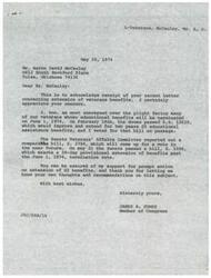 ["Mr. McCauley wrote to Congressman James R. Jones expressing concern about the termination of veterans' educational benefits on June 1, 1974. Congressman Jones acknowledges the letter and assures Mr. McCauley of his support for the extension of GI benefits. He mentions that the House has already passed a bill to extend benefits, and the Senate has also taken action on the issue. Congressman Jones thanks Mr. McCauley for his input and assures him that he will work towards prompt action on the extension of benefits."]