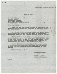 ["Mr. Bob Sellars wrote to Representative James Jones urging him to support the Senate version of a bill increasing GI educational benefits. Representative Jones responded, stating that he had voted for a House bill extending GI benefits and supporting prompt action on the extension. He thanked Mr. Sellars for his input and assured him of his support."]
