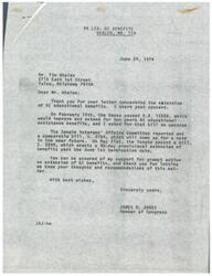 ["The document is from James R. Jones, a member of Congress, responding to a letter from Mr. Tim Whalen regarding the extension of GI educational benefits. Jones mentions bills that have been passed in the House and Senate to improve and extend these benefits. He assures Whalen of his support for prompt action on this matter. Whalen, a married veteran, expresses his gratitude for the education benefits he receives but also highlights the financial challenges he faces. He encourages Jones to vote for the bill to increase GI benefits for Vietnam era veterans."]