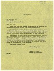 ["The document is from Mr. Wold to Congressman Jim Jones, expressing concern about the delay in passing legislation to improve G.I. veterans benefits. Mr. Wold specifically mentions the extension of the time limit for educational benefits and the need for an increase in pension benefits. He explains his personal situation and how the delay in passing the bill is affecting him and his family. Mr. Wold requests Congressman Jones' assistance in moving the legislation forward and expresses his appreciation for any help he can provide. Congressman Jones responds, acknowledging Mr. Wold's concerns and assuring him that he will do his best to support the legislation when it comes to the House for final approval."]