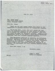 ["The document is a letter from Mrs. Steve Logue to Representative James R. Jones regarding legislation to increase benefits for Vietnam-era veterans. Mrs. Logue expresses concern about the delay in passing the bill and the financial struggles she faces as a veteran trying to pursue education. She emphasizes the importance of affordable education for veterans to improve their employment opportunities."]