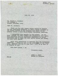 ["The document is a response from Congressman James R. Jones to Dwight W. Birdwell's letter urging support for a nine-month extension of school months for veterans. Jones expresses appreciation for Birdwell's concern and states that he will do his best to be helpful. Birdwell explains his personal situation and how the extension would benefit him in pursuing his education. Jones acknowledges the importance of the issue and indicates willingness to support the extension."]