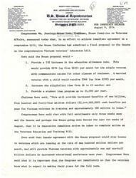 ["The House Committee on Veterans Affairs, led by Congressman Wm. Jennings Bryan Dorn, proposed a comprehensive Vietnam veterans' education bill to the Senate. The proposal included a 23% increase in education allowance rates, an increase in eligibility time, and a student loan program. The bill would provide significant financial benefits to Vietnam veterans in training. Congressman Dorn emphasized the importance of immediate action to prevent losses to veterans and to provide increased educational assistance."]