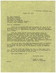 ["The document is a letter from Congressman James R. Jones to Gene Colasacco, Department Commander of The American Legion of Oklahoma, thanking him for expressing their views on a bill calling for an increase in G.I. educational benefits. Jones assures Colasacco that he will consider their views when the compromise bill is reported to the House for final consideration. Colasacco had previously urged Jones to vote for HR12628 as amended by the Senate to provide additional educational benefits for Vietnam Veterans. Jones assures Colasacco that he will take their request into consideration."]