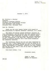 ["The document from Congressman James R. Jones acknowledges the improvements in veterans' benefits proposed in legislation H.R. 12628 and expresses support for the legislation, which includes a 23% increase in pension benefits and a nine-month extension for education benefits. The document also mentions that the Conference Report on the legislation has not yet been submitted to Congress but is expected to be acted on before the end of the session. In response, Phillip Shorter, the Director of the Office of Veterans Affairs at Oklahoma City Southwestern College, expresses disappointment in the failure of the House to approve the legislation and urges Congressman Jones to use his influence to support the original Conference Report on H.R. 12628. Shorter argues that the proposed benefits are justified due to inflation and rising education costs, and emphasizes the importance of providing additional assistance to veterans."]