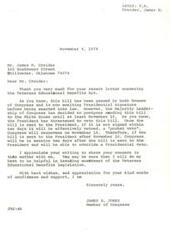 ["The document is a correspondence between Mr. James M. Creider and Congressman James R. Jones about the Veterans Educational Benefits Act. Creider expresses concern about President Ford potentially vetoing the bill while giving amnesty to draft dodgers. He urges Congressman Jones to support the bill and not to let veterans suffer financially. Congressman Jones assures Creider that he will do his best to ensure the bill is enacted into law."]