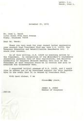 ["The document is a response from Congressman James R. Jones to Oren L. Smock, expressing support for the Veterans Education and Rehabilitation Amendments Act (H.R. 12628) and assuring continued support in the event of a veto by President Ford. Jones acknowledges Smock's concerns about the potential veto and mentions that Congress delayed sending the bill to the President in order to be able to override a veto. Smock had previously written to Jones expressing concern about President Ford potentially vetoing the bill, which aimed to increase the V.A. budget to provide disabled veterans with increased compensation. Smock, a disabled veteran, emphasized the challenges of living on V.A. compensation and hoped for Jones' assistance in supporting the bill."]