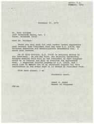 ["Gary Bridges wrote a letter to Congressman James R. Jones urging him to override President Ford's potential veto of the Veterans Education and Rehabilitation Amendments Act. Bridges expressed concern about the lack of benefits for Vietnam War veterans compared to veterans of other wars. Congressman Jones responded, assuring Bridges of his continued support for the legislation and willingness to override the veto if necessary."]