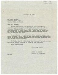 ["James R. Jones, a member of Congress, received a letter from Gary Slater expressing support for President Ford's veto of the Veterans Education Bill. Jones acknowledges Slater's views but mentions receiving many communications urging an override of the veto. Jones voted for the bill initially and promises to carefully consider President Ford's veto message before casting his vote on the override."]