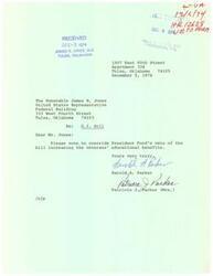 ["The document is addressed to Representative James R. Jones from Harold A. Parker, urging him to vote to override President Ford's veto of a bill increasing veterans' educational benefits."]