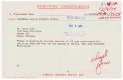 ["The inter-office correspondence dated December 9, 1974, from Mr. Jerry Kirk to Congressman James R. Jones advises him to vote for the passage of the G.I. Bill that President Ford vetoed, as it would be in the best interest of all constituents."]