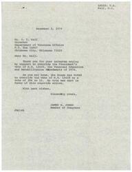 ["The document is a letter from James R. Jones, a Member of Congress, to O.C. Ball, Director of the Department of Veterans Affairs, thanking him for urging support to override the President's veto of H.R. 12628, the Veterans Education and Rehabilitation Amendments of 1974. Jones mentions that the House has voted to override the veto and expresses his support for this action."]