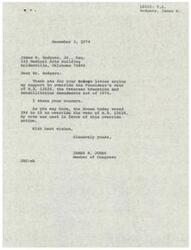 ["James W. Rodgers, Jr. wrote a letter to Congressman James R. Jones urging him to support the override of President's veto of H.R. 12628, the Veterans Education and Rehabilitation Amendments Act of 1974. Congressman Jones responded, indicating that he shares the concern and had voted in favor of the override action."]
