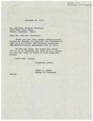 ["The document is a thank you letter from Congressman James R. Jones to Mr. and Mrs. Douglas Workings for their communication urging support to override the President's veto of veterans benefits legislation. Congressman Jones informs them that the House has voted to override the veto and that he cast his vote in favor of the override action. The document also includes contact information for Western Union for replying by mailgram."]