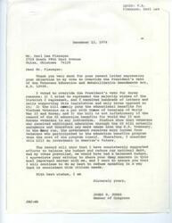 ["The document is a response from Congressman James R. Jones to a constituent, Earl Lee Flanagan, regarding his objection to Jones' vote to override the President's veto on the Veterans Education and Rehabilitation Amendments Act. Jones explains his reasons for supporting the bill, including representing the majority wishes of his district, the benefits of the bill for Vietnam veterans, and the long-term economic benefits of investing in education for veterans. Jones also reassures Flanagan that he is committed to reducing spending in a way that is consistent with citizen needs."]