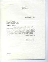 ["The document is a letter from Congressman James R. Jones to Mr. J.R. Vernon, thanking him for expressing concern about cuts in veterans pensions. The document mentions legislation introduced to address the issue and agrees that veterans' programs should take priority over aid to North Vietnam. The document also discusses the treatment of Vietnam veterans upon their return, highlighting the challenges they face in reintegrating into society. It mentions the psychological and societal impact of the war, particularly on those who served. The document also touches on the unequal sacrifice during the war, with the affluent being exempt from service."]