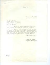 ["The document is from Mr. Bordon expressing concern about cuts in veterans' pensions, to which Congressman James R. Jones responds by stating that legislation has been introduced to address the issue. Mr. Bordon expresses frustration at the cuts in his own pension and urges the Congressman to prioritize veterans' benefits over aid to North Vietnam. He also mentions the support of other veterans and organizations in the community."]