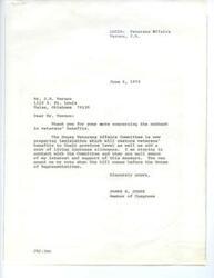 ["The document is a response to a note from Mr. J.R. Vernon regarding cutbacks in veterans' benefits. Congressman James R. Jones assures Mr. Vernon that legislation is being prepared to restore benefits to their previous level and add a cost of living increase allowance. Mr. Jones expresses his support for the measure and promises to vote for it in the House of Representatives. There is also mention of a dispute over a promised 10% discount at Ignore Hut and frustration over delays in resolving the issue."]