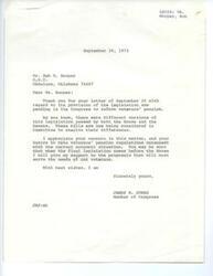 ["Bob R. Hooper wrote to Congressman James R. Jones expressing concern about a veterans' pension bill that would count spouses' income towards veterans' pension eligibility. He requested that Jones do everything he can to prevent this part of the bill from passing, as it would create hardship for many non-service connected disabled veterans and their families. Jones responded, thanking Hooper for his letter and assuring him that he will support proposals that best serve the needs of veterans when the final legislation comes before the House."]