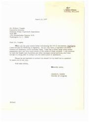 ["The document is a letter from Member of Congress James R. Jones to William Youpee, the Executive Director of the National Tribal Chairmen's Association, expressing support for the organization and its efforts to advocate for Native American Tribes. The document mentions the needs of urban Indian populations, the importance of health care facilities and social services, and specific resolutions passed by the NTCA Board of Directors. Jones also mentions his willingness to assist Youpee and the organization in any way possible."]