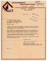 ["Pamela E. Iron, Director of the Indian Health Care Resource Center in Tulsa, expresses gratitude to Representative James R. Jones for his assistance during her recent visit to Washington, D.C. She also thanks Annette for help in securing time slots to testify before committees on appropriations. Iron appreciates the Indian community's involvement in the legislative process and thanks Jones for efforts to develop a health delivery system for urban Indians in Tulsa."]