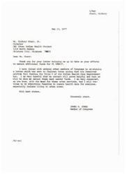 ["The document is from James R. Jones, a Member of Congress, thanking Mr. Hickory Starr for updating him on efforts to secure additional funds for PL 940437. Jones has co-signed a letter urging full funding for Title V of the Indian Health Care Improvement Act and expresses hope for success. Another letter from Hickory Starr to Dan Beard at the White House expresses concerns about lack of support for Indian health care funding and a perceived indifference towards American Indians by the Carter administration."]