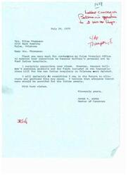 ["A letter from Congressman James R. Jones to Mrs. Ellen Thompson thanking her for expressing her opposition to Senator Bellmon's proposal not to fund Indian hospitals. Jones acknowledges her concerns and states that the funds for the two Indian hospitals in Oklahoma were deleted from the Appropriations bill. He reassures her that he will do everything he can to alleviate any problems this may cause and emphasizes the importance of providing adequate health care for the Indian people."]