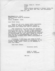 ["Chief Allen of the Seneca-Cayuga Tribe of Oklahoma expressed opposition to a Senate Concurrent Resolution that would transfer jurisdiction over their lands to the State. Congressman James R. Jones acknowledged Chief Allen's concerns and stated that he would keep them in mind if relevant legislation is considered at the federal level. Additionally, Congressman Jones mentioned working with Congressman Steed for a fair solution to the Cherokee Delaware issue."]