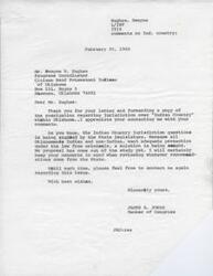 ["Dwayne Hughes, Programs Coordinator for Citizen Band Potawatomi Indians of Oklahoma, sent a resolution to Congressman James R. Jones opposing the State of Oklahoma's attempts to assume jurisdiction over Indian Country within the state. Congressman Jones acknowledged receipt of the resolution and assured Hughes that he would keep their concerns in mind when reviewing any recommendations from the State legislature. The resolution highlights the Tribe's opposition to ceding jurisdictional authority to the State of Oklahoma and requests support from the Oklahoma Congressional Delegation."]