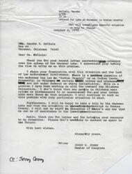 ["Marsha McClain wrote a letter to James R. Jones expressing concerns about the upkeep of Meramec Lake in Indian Country. Jones acknowledges the issue and mentions the lack of law enforcement involvement in Indian lands. He states that he is working on the problem with the Oklahoma Delegation and will investigate the specific situation on a trip to Pawnee County. Jones assures McClain that he will view the situation at Meramec Lake and see if there is any way to provide assistance. He thanks McClain for bringing her concerns to his attention and encourages her to contact him in the future."]