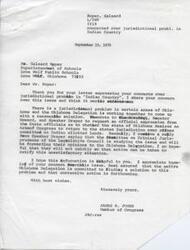 ["The document is from James R. Jones, a Member of Congress, responding to concerns raised by  Roper about jurisdictional problems in \"Indian Country\" in Oklahoma. Jones acknowledges the issue and mentions that the Oklahoma Delegation is working on finding a solution. He has reached out to state officials for their input and is hopeful that action will be taken soon to address Carl Albert the problem. Jones assures Roper that the delegation is committed to finding a solution."]