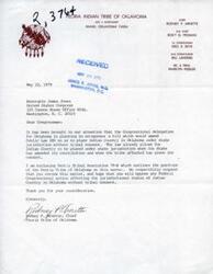 ["The Peoria Indian Tribe of Oklahoma is writing to Congressman James Jones to oppose a bill that would place Indian Country in Oklahoma under state jurisdiction without tribal consent. They are requesting that the Congressman review their tribal resolution and oppose any Federal Congressional action affecting the jurisdictional status of Indian Country without tribal consent."]