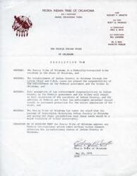 ["The Peoria Indian Tribe of Oklahoma, led by Chief Rodney P. Arnette, opposes any Federal Congressional action that would affect the jurisdictional status of Indian Country in Oklahoma. They believe that full assumption of law enforcement responsibilities by the Federal government and tribes would result in increased protection for residents of Indian Country. They assert that giving the state jurisdiction over these lands would be a violation of tribal sovereignty."]