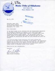 ["The Modoc Tribe of Oklahoma is concerned about a bill that would amend Public Law 280 to place Indian country in Oklahoma under state jurisdiction without tribal consent. They have sent a resolution outlining their position to Congressman James Jones and are requesting his opposition to any Federal Congressional action affecting the jurisdictional status of Indian Country in Oklahoma without tribal consent."]
