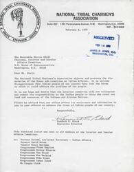 ["The National Tribal Chairmen's Association is protesting the dissolution of the House sub-committee on Indian Affairs and expressing disappointment that Indian people have lost a forum to address Carl Albert their problems. They are urging the Interior committee not to relinquish their responsibility to the Indian people and offering their assistance and information to enhance the lives of Indian people. The document was also sent to various members of the Interior and Insular Affairs Committee."]