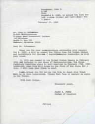 ["John D. Schoeman expressed support for bill S. 2222 to extend the time for Indian tribes and individuals to file claims for 5 years. James R. Jones, a member of Congress, acknowledged the support and stated that the bill had been passed by the Senate and referred to the House of Representatives. Jones assured Schoeman that his views would be considered when the bill comes to a vote in the House. Jones thanked Schoeman for sharing his views and encouraged him to contact him again in the future."]