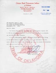 ["The Citizen Band Potawatomi Indians of Oklahoma are urgently requesting the consideration and approval of S. 2222, which would extend the time for filing on behalf of Indian tribes and individuals by five years. They are asking for the support of Congressman James R. Jones in passing this legislation before the statute of limitations expires on April 1, 1980."]